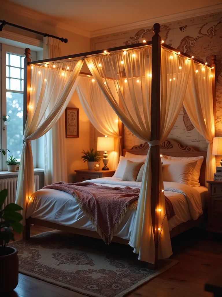 Small boho bedroom with arch, rattan furniture, and meditation corner