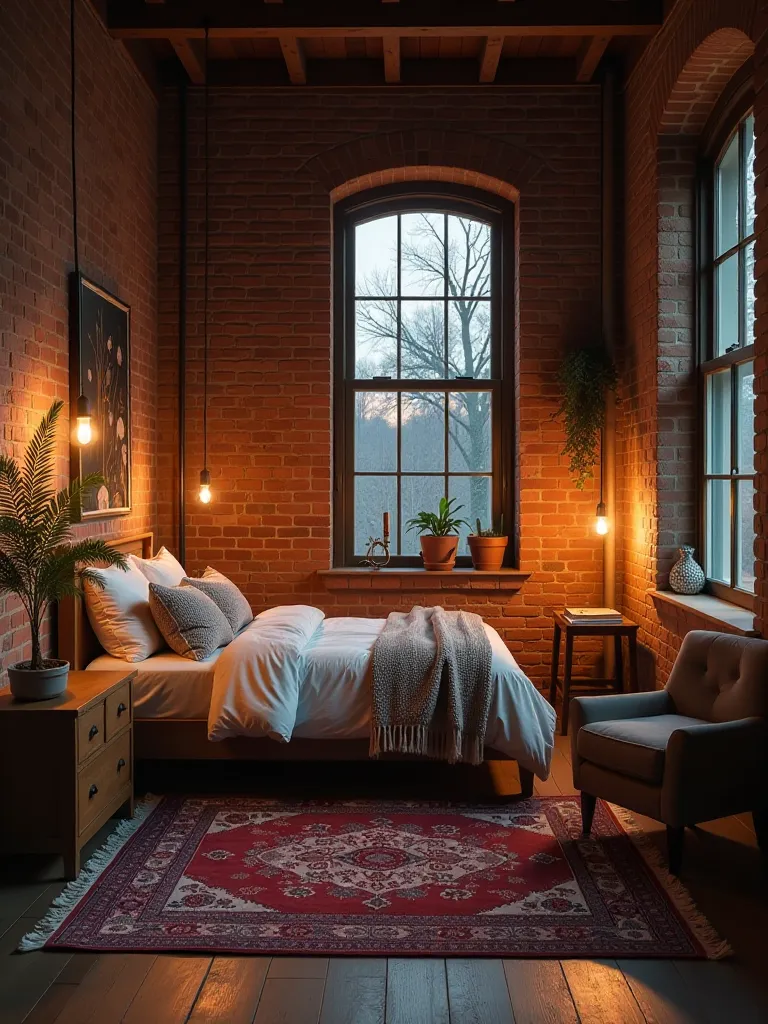 Compact loft style boho bedroom with layered rugs and wooden elements