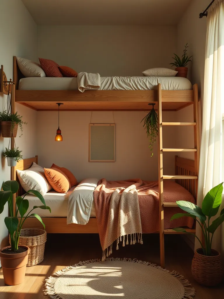 Compact boho style bedroom with reading nook and floor to ceiling shelves