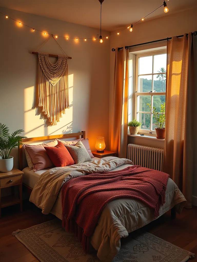 Compact boho bedroom with warm lighting and eclectic decor