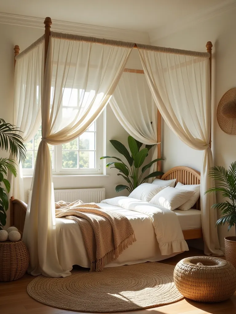 Small boho bedroom with canopy bed, plants, and woven baskets