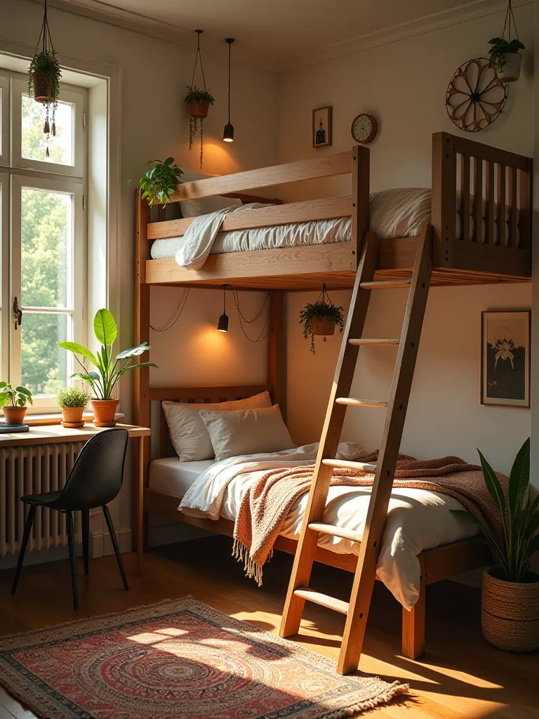 Small boho bedroom with hammock chair, bookshelves, and window nook