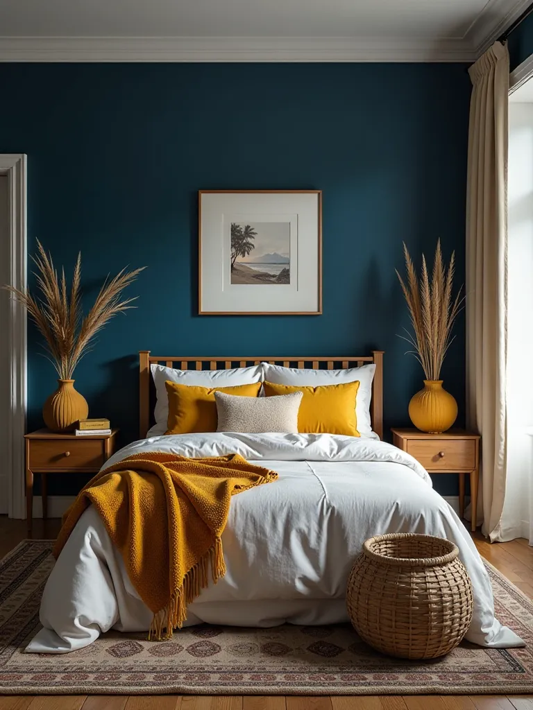 Boho bedroom with indigo accent wall, wooden furniture, and mustard accents