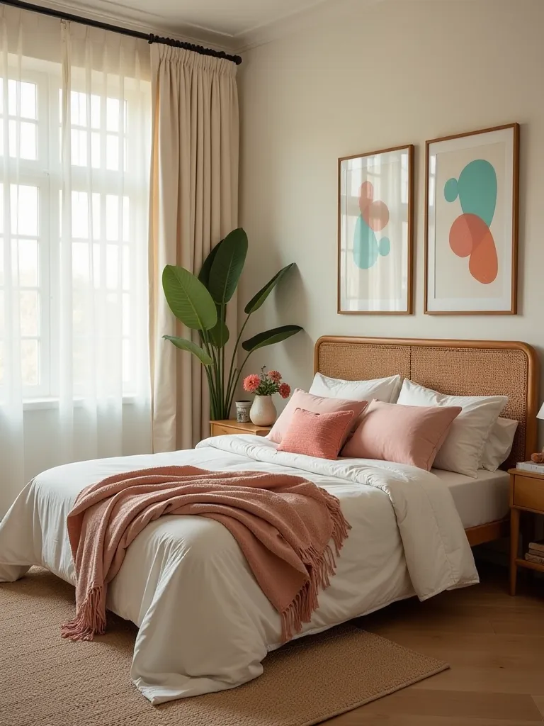 Boho loft bedroom with terracotta brick walls and teal bedding accents