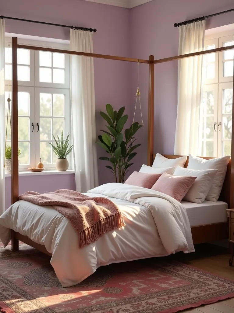 Serene boho bedroom featuring lavender accents and Moroccan inspired rug