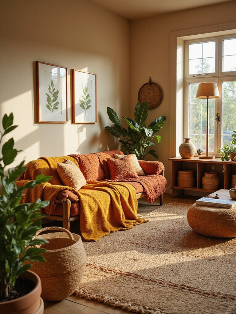 A cozy boho living room decorated with a warm, earthy color palette featuring beige walls, terracotta and mustard yellow textiles, natural wood furniture, layered rugs, and lush green plants.