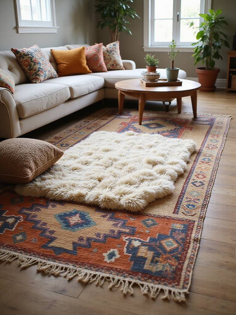 Layered rugs in a bohemian living room, featuring a large jute rug base with overlapping colorful patterned kilim and fluffy shag rugs under a coffee table and in front of a sofa, showcasing mixed textures and patterns in a cozy, eclectic setting.