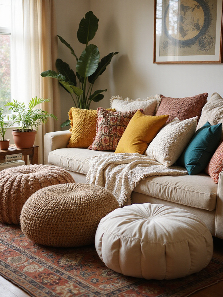 A bohemian living room corner filled with a large collection of layered, textured pillows on a sofa and floor cushions on a rug, creating a cozy, inviting lounge area.