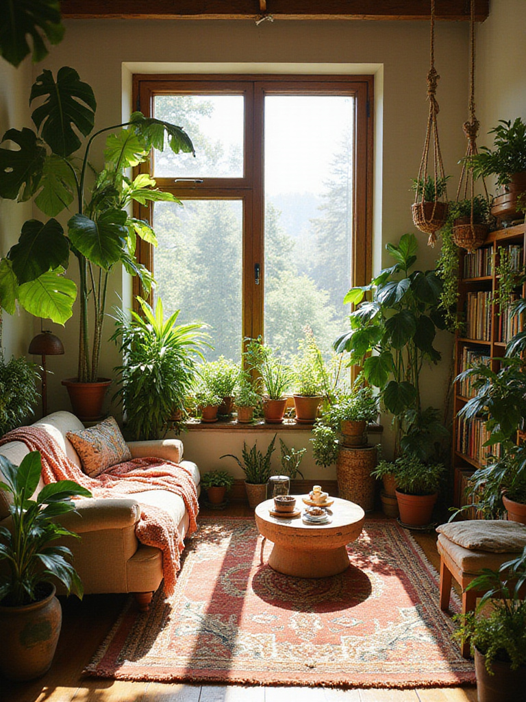 Lush indoor plants filling a vibrant bohemian living room, showcasing a natural, relaxed atmosphere with layered textiles and eclectic decor.