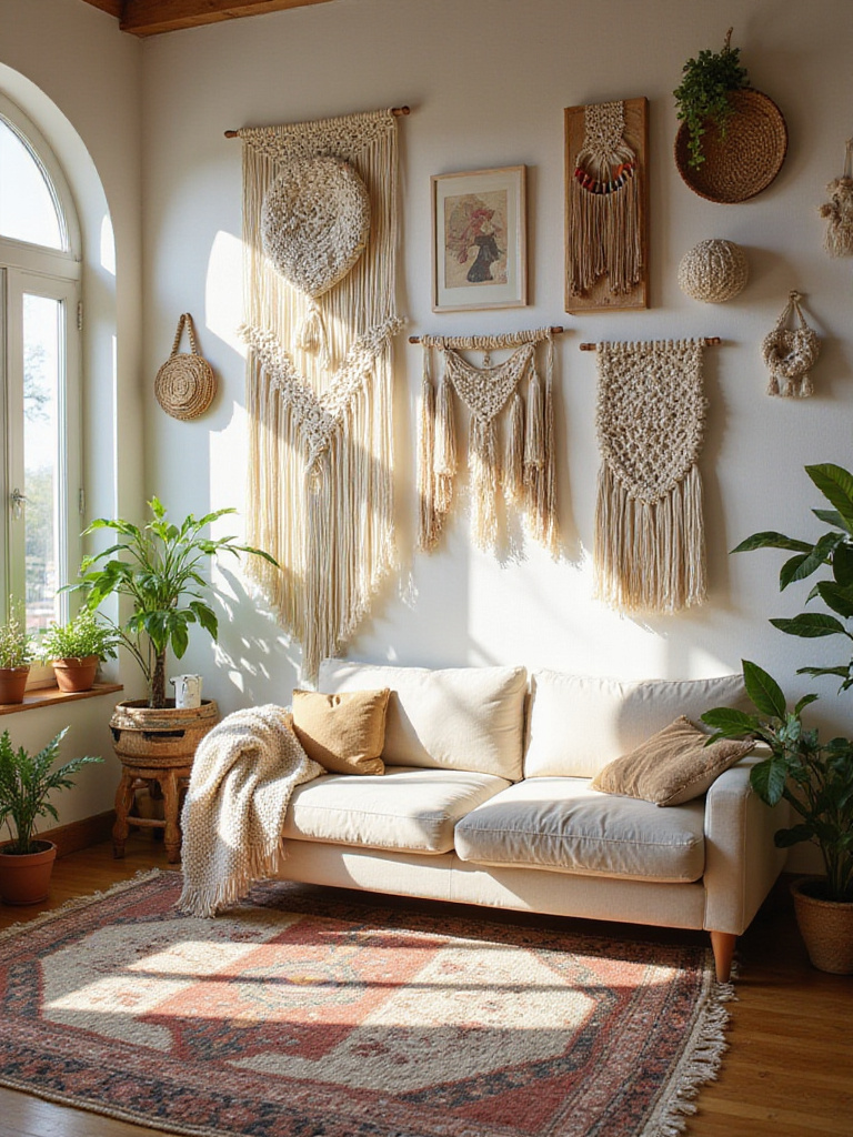 Bohemian living room featuring a collection of macrame wall hangings in various sizes and patterns displayed above a sofa, adding texture and artistry to the space.