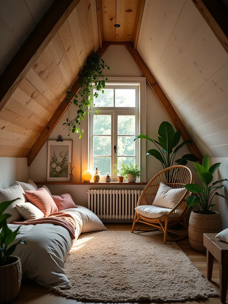 Attic bedroom with boho decor, skylight, and trailing plants