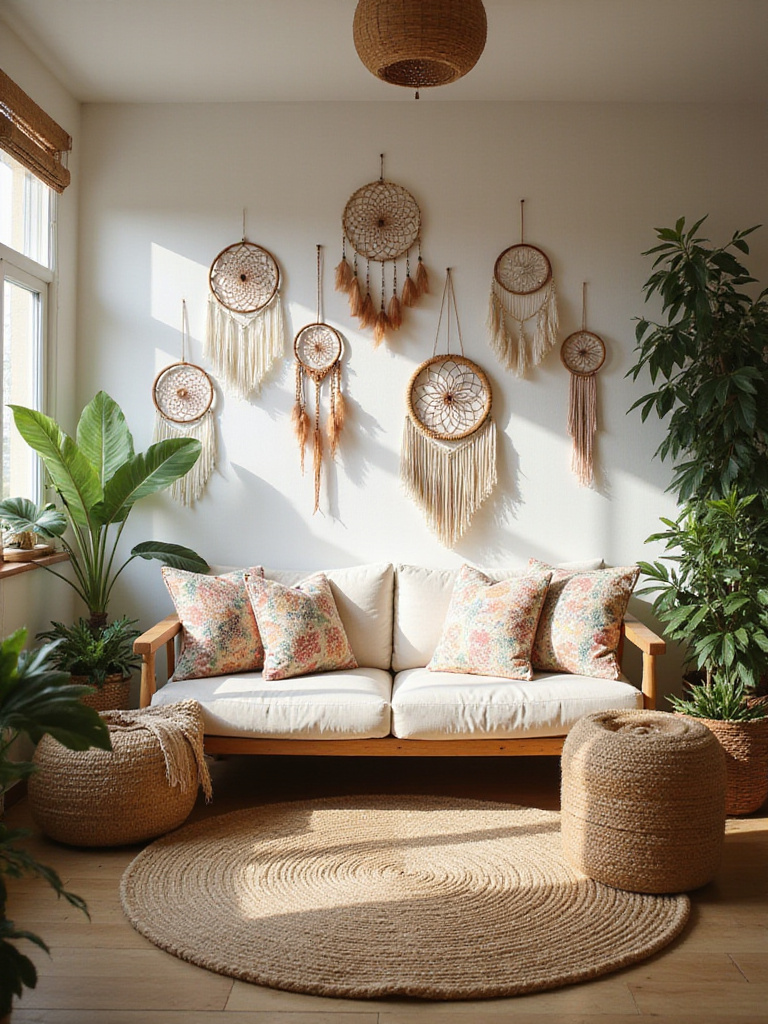 Boho living room with dream catchers hanging above a sofa, featuring natural textures, plants, and warm sunlight.