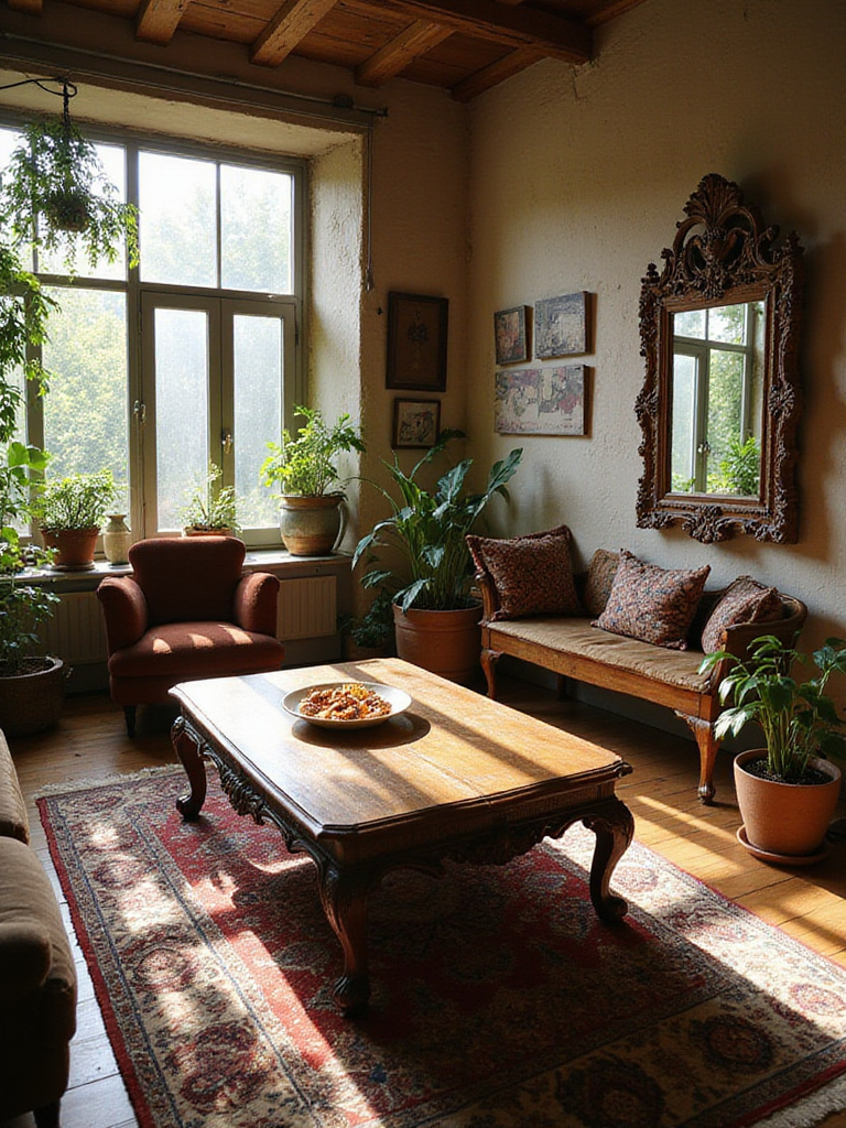 A boho living room showcasing a vintage carved wooden coffee table, antique armchair, and ornate mirror amidst layers of textiles, plants, and decor.