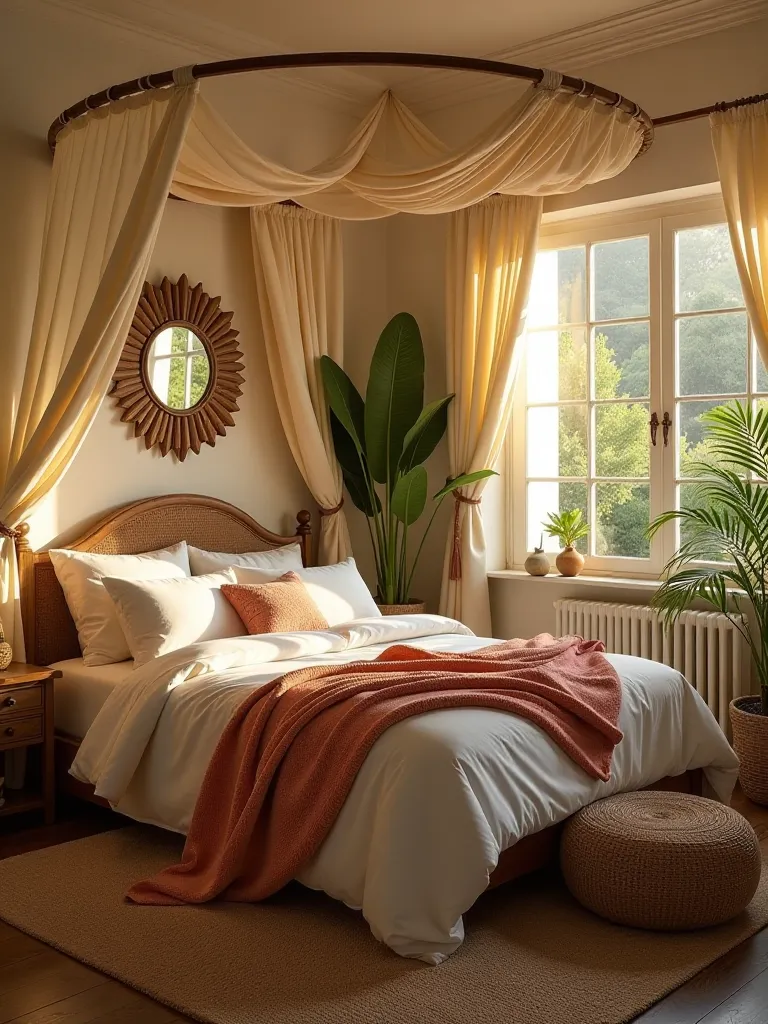 Bohemian bedroom with globally inspired decor and circular bed