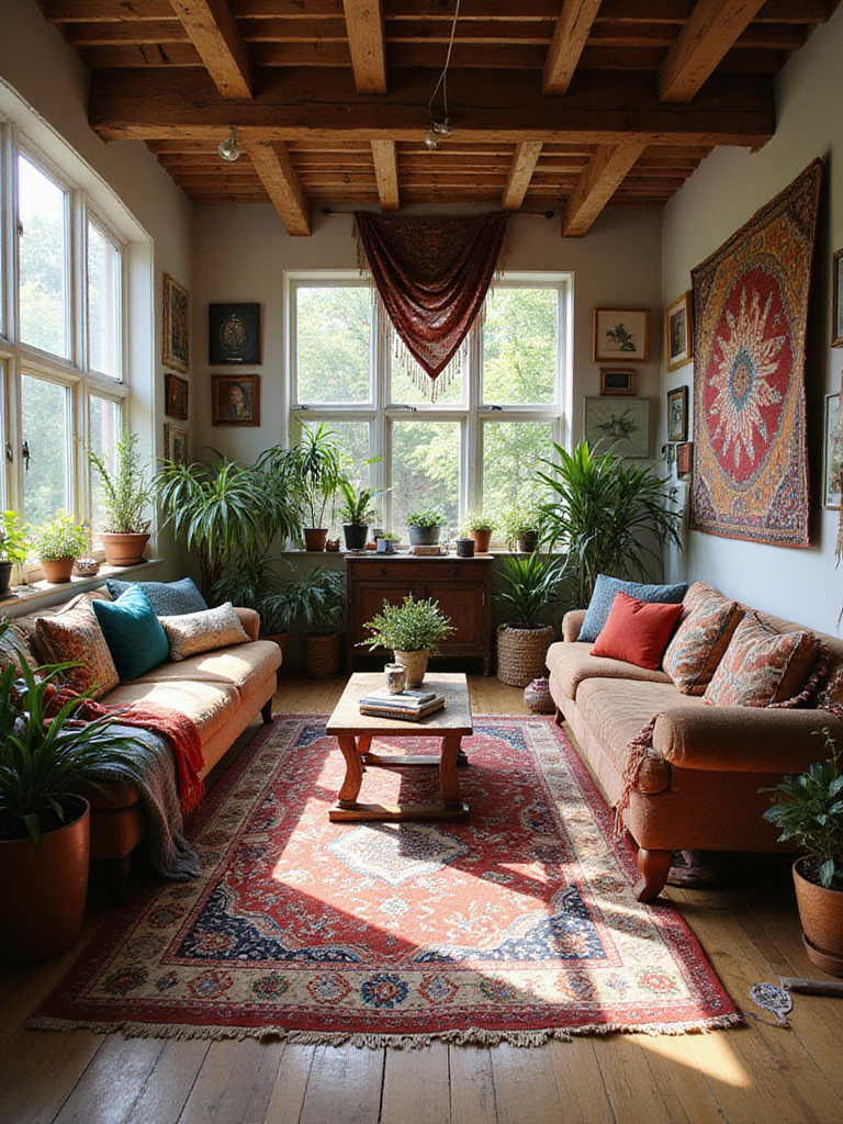 An eclectic boho living room featuring layered rugs, mixed furniture styles, a diverse gallery wall, abundant plants, and colorful global textiles, creating a warm and personalized space.