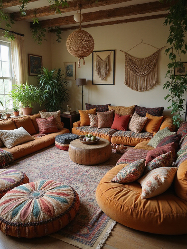 Bohemian living room with low seating, featuring floor cushions, poufs, and a low sofa on a large rug around a coffee table.