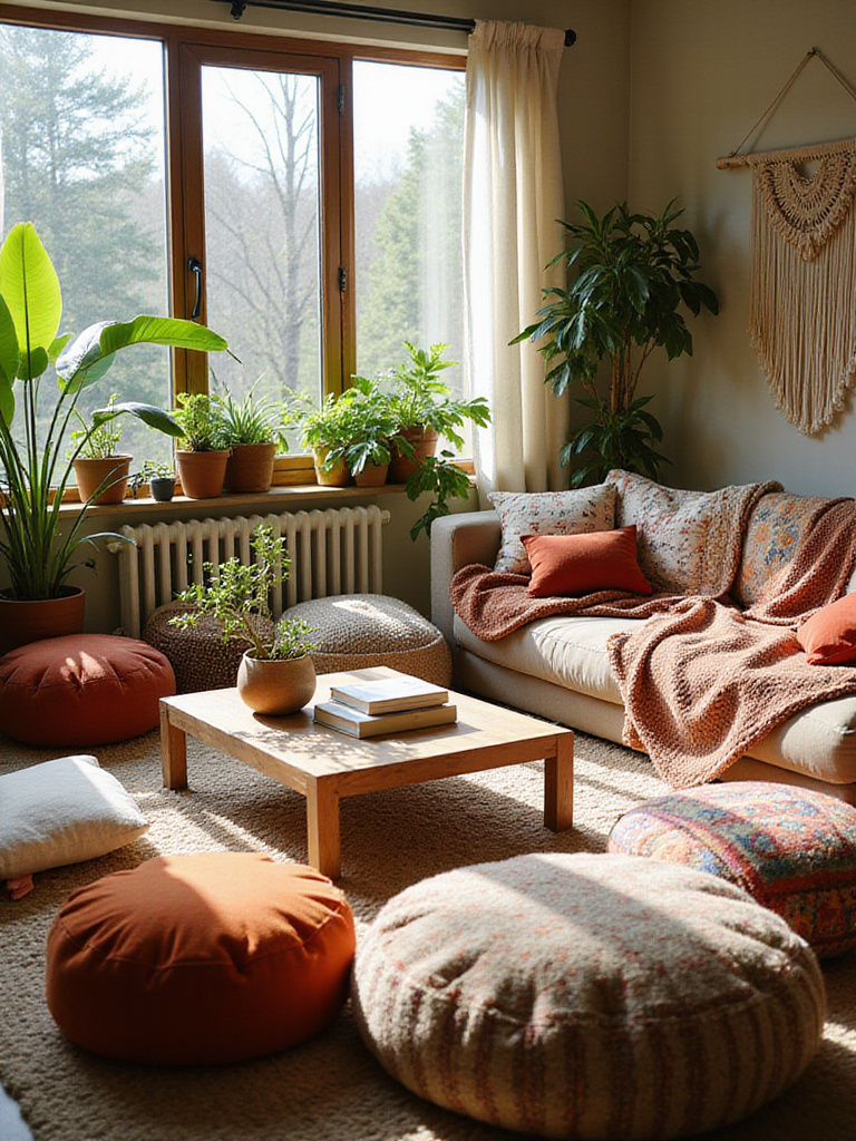 A cozy bohemian living room with abundant layered floor cushions and poufs on a textured rug, surrounding a low coffee table. The space includes various plants, macrame wall hangings, and natural light.
