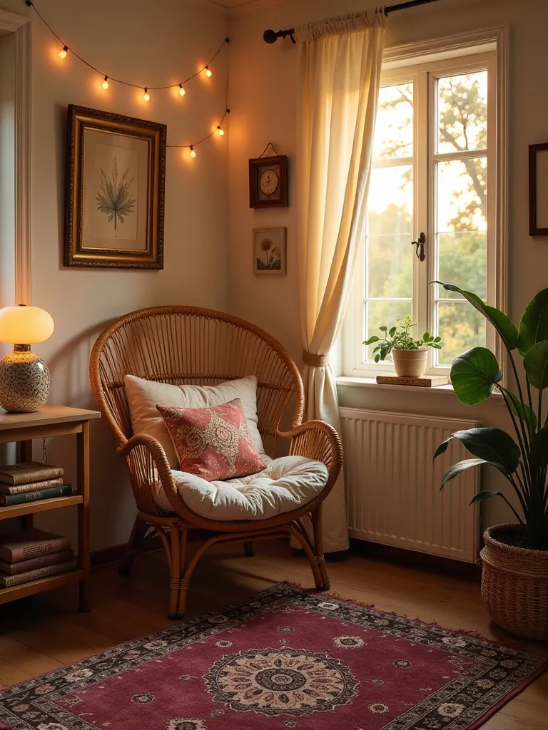 Boho bedroom corner with peacock chair, rugs, and string lights