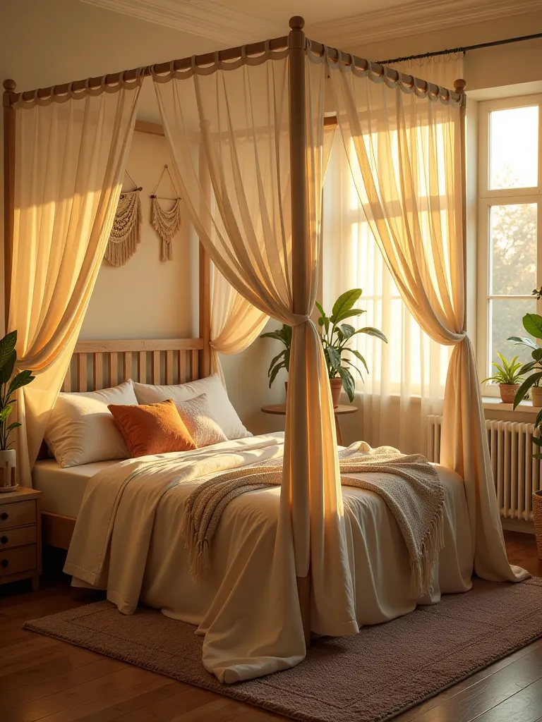 Boho bedroom with canopy bed, plants, and macrame in golden light