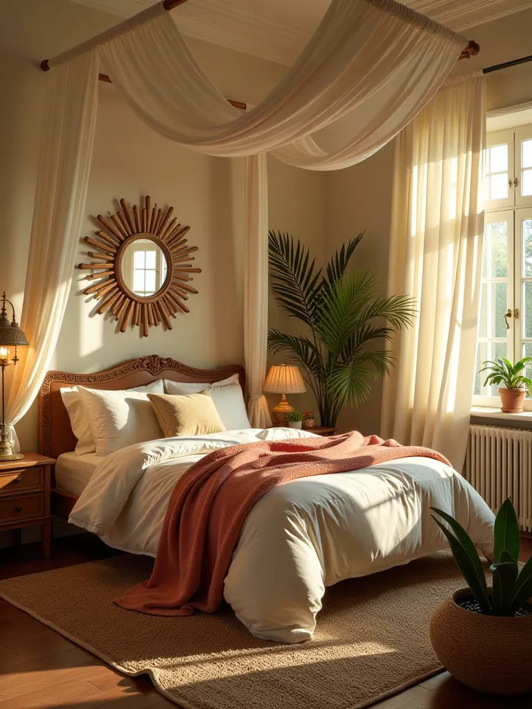 Boho bedroom with circular bed, canopy, and global decor