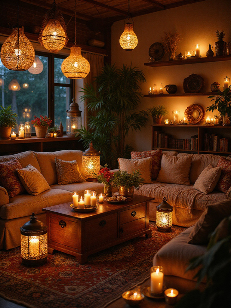 Cozy bohemian living room illuminated by the warm, soft glow of lanterns and flickering candles placed throughout the space, enhancing the textured textiles, plants, and eclectic decor.