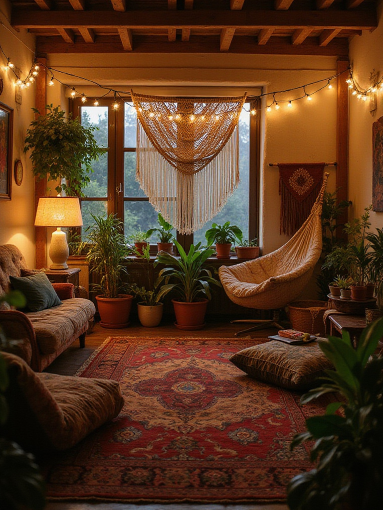 Bohemian living room at dusk with warm white string lights draped over walls and decor, creating a cozy, magical atmosphere.