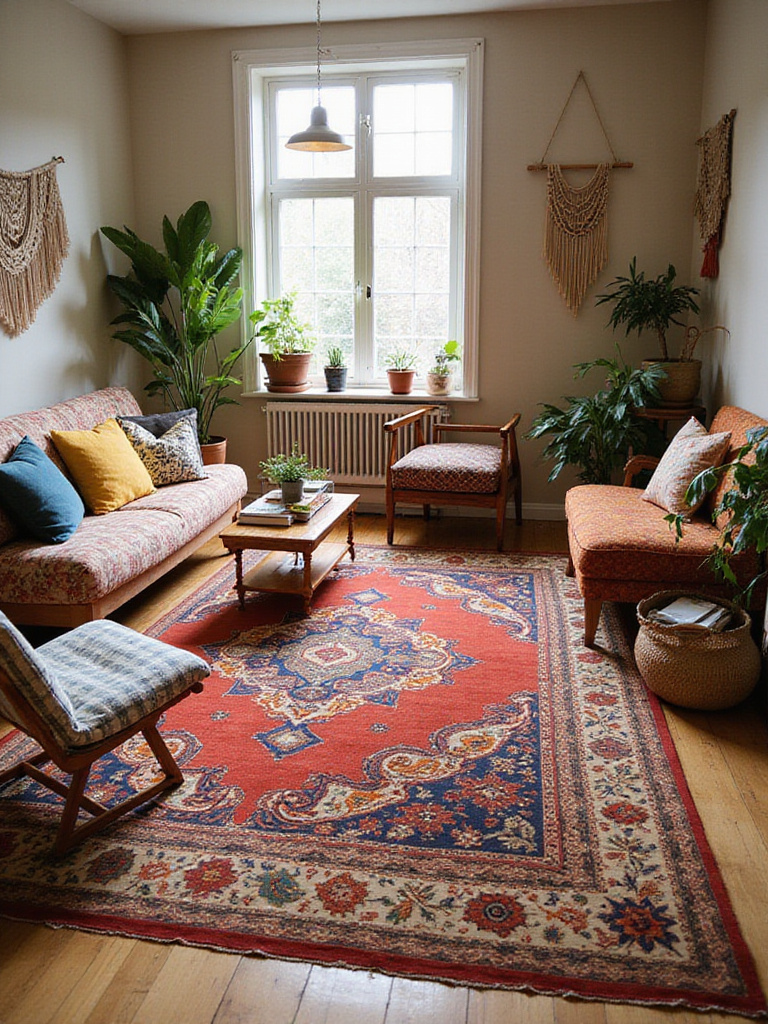 A bohemian living room featuring a large, colorful area rug with a bold geometric pattern. The room includes a sofa with patterned pillows, a coffee table, plants, and other eclectic decor elements, creating a warm and inviting space.