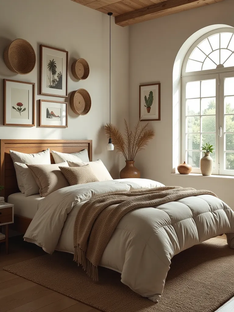 Boho bedroom with wooden headboard and eclectic gallery wall