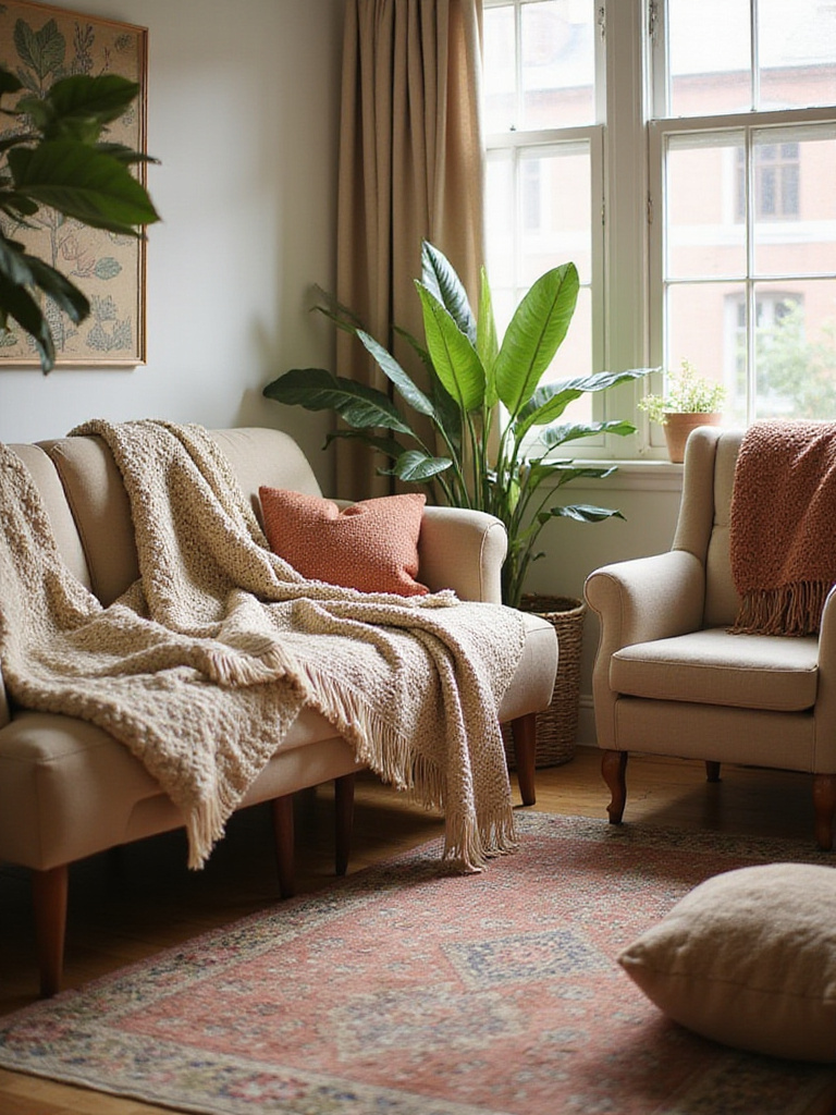 A comfortable boho living room featuring a sofa and armchair layered with various textured throws, including chunky knits, woven fabrics, and fringe. Potted plants and a layered rug add to the cozy, relaxed bohemian aesthetic.