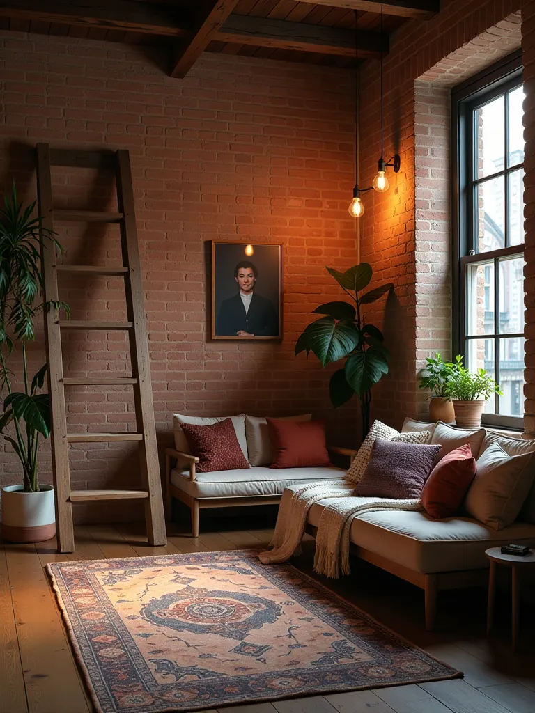 Boho loft bedroom with industrial elements and warm lighting