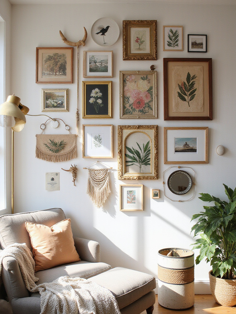 An eclectic gallery wall in a boho living room, featuring a diverse collection of framed art, photographs, and decorative items in mixed frame styles and sizes, creating a personal and cozy atmosphere.