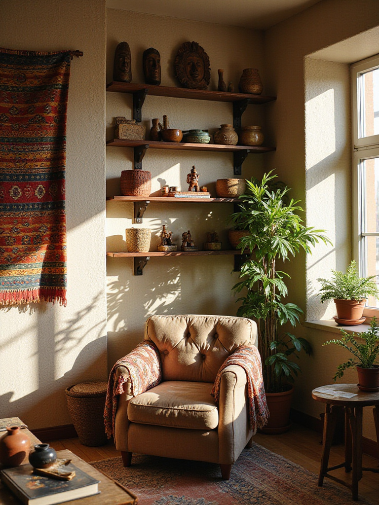Boho living room featuring shelves displaying a collection of global travel souvenirs like masks and pottery, a colorful textile wall hanging, and plants, creating a well-traveled and eclectic atmosphere.