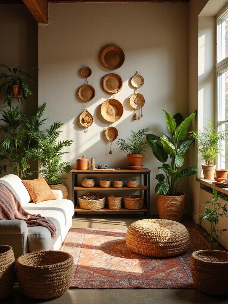 Boho living room featuring various woven baskets made from natural materials like rattan and seagrass, used for stylish storage of blankets and plants, adding texture and warmth to the space.