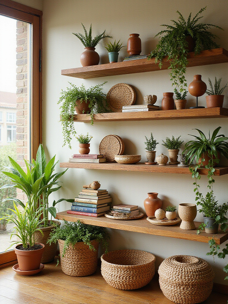 Open wooden shelves in a boho living room styled with a mix of houseplants, vintage books, ceramics, and decorative objects, creating a curated bohemian display.