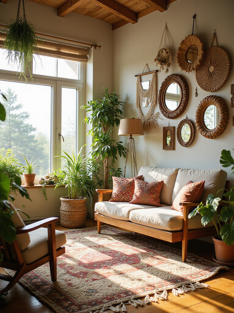 Boho living room featuring statement mirrors with natural rattan and carved wood frames, reflecting bright natural light and enhancing the spacious feel amidst lush plants and layered textiles.