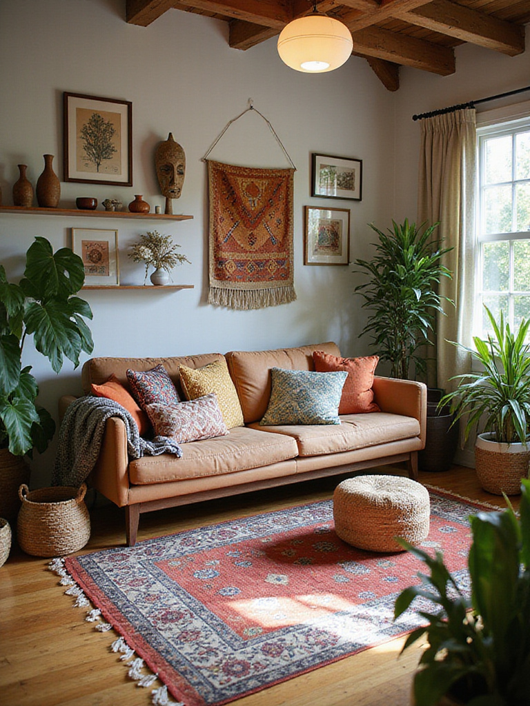A vibrant bohemian living room showcasing a rich collection of global textiles and art. Layered patterned rugs cover the floor, while sofas are piled with diverse cultural throw pillows. Walls feature a gallery mix of ethnic prints, woven hangings, and decorative masks, creating a well-traveled, eclectic atmosphere.