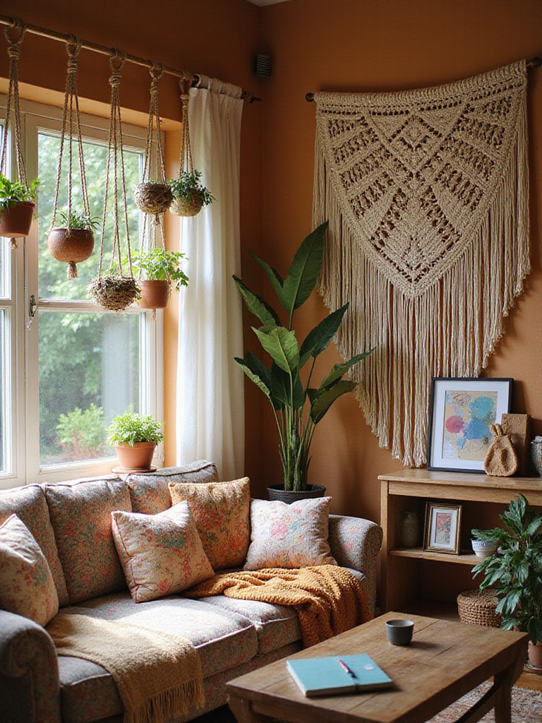 Cozy boho living room featuring handmade macrame wall art, macrame plant hangers, and framed DIY abstract art, showcasing personalized decor.