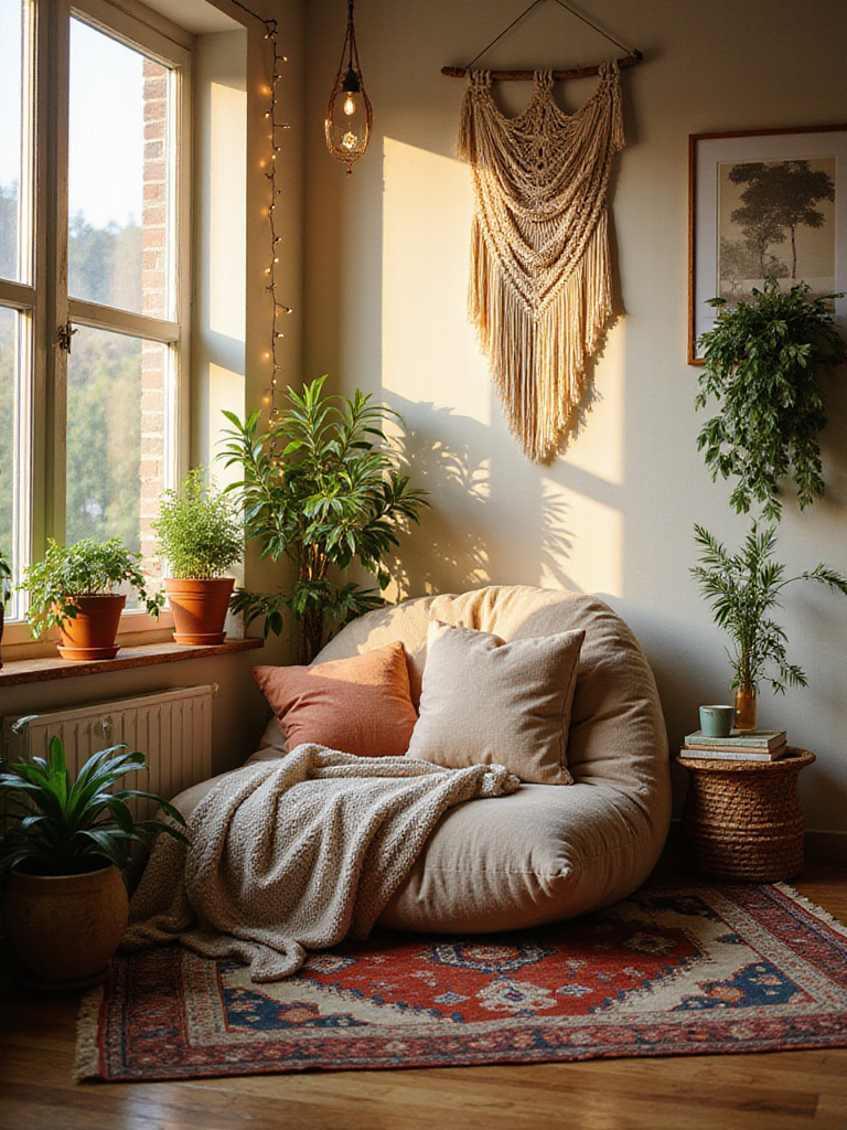 Cozy bohemian living room corner reading nook with layered rugs, plush cushions, many plants, and soft warm lighting.