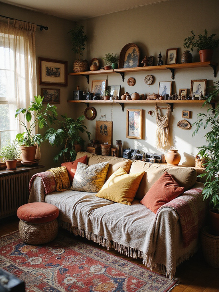 Cozy boho living room showcasing personal touches with layered textiles, potted plants, and shelves displaying a collection of unique finds like vintage cameras, pottery, and framed travel art.