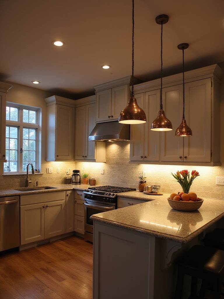 Modern kitchen with layered lighting showcasing ambient, task, and accent lights without people.