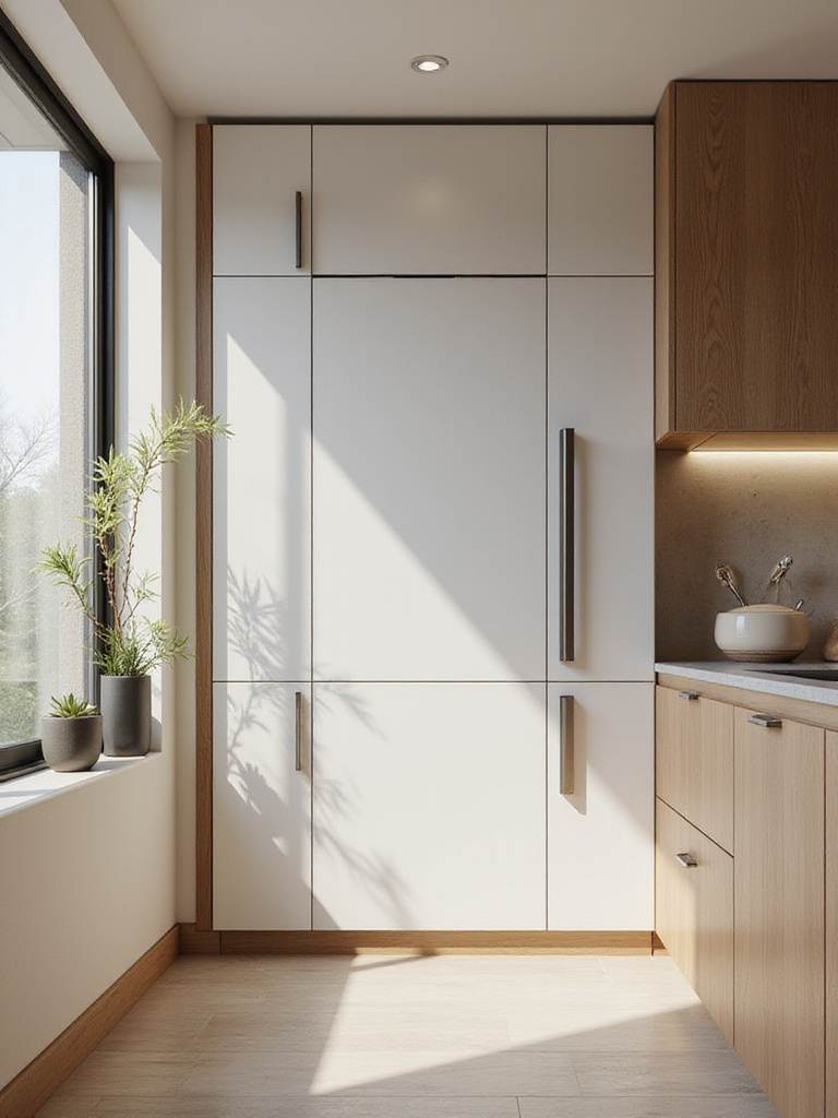 Modern kitchen with hidden panel solutions for appliances and storage, showcasing a minimalist design.