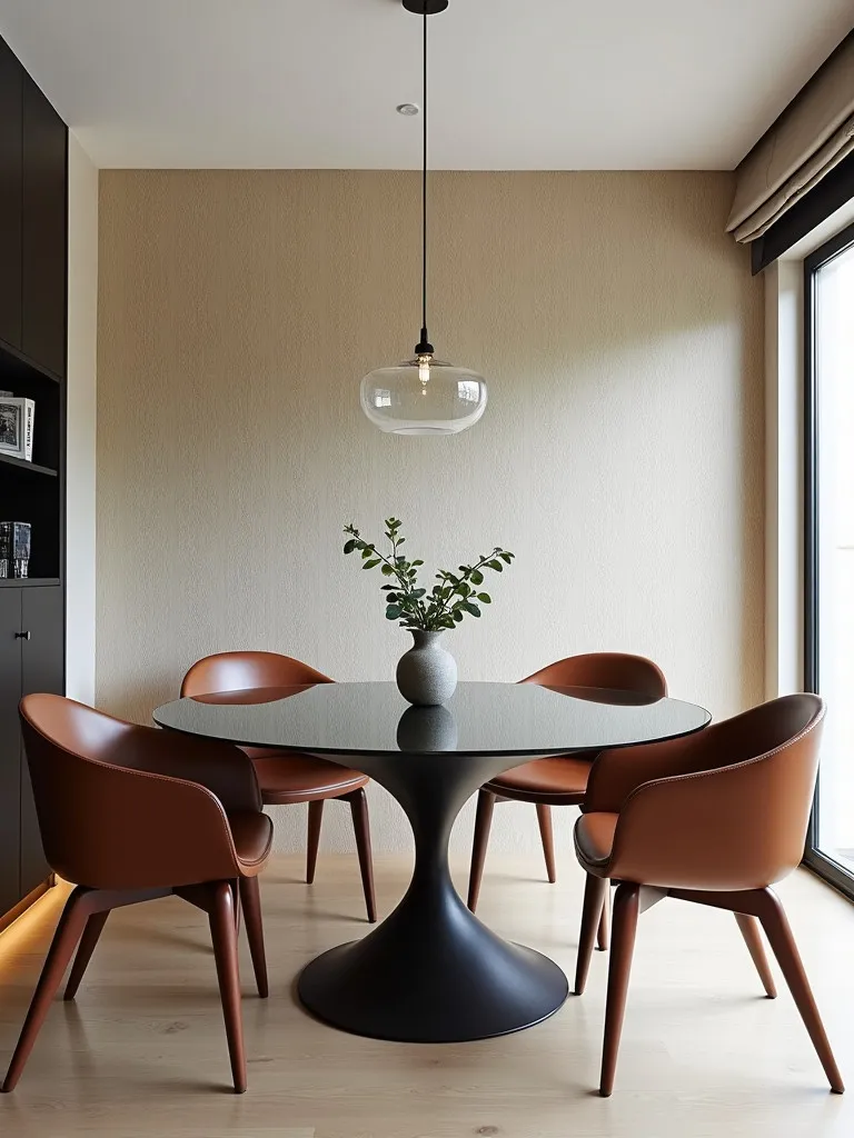 Contemporary dining room featuring statement wallpaper and glass top table