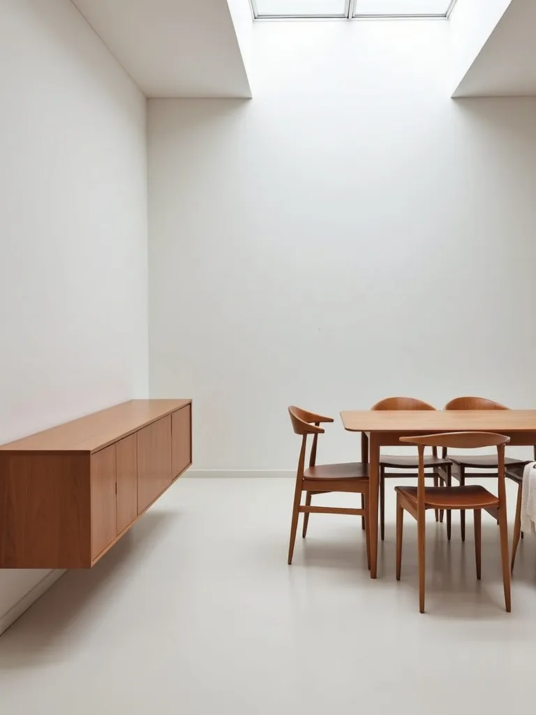 Minimalist dining room with floating sideboard and Scandinavian style chairs