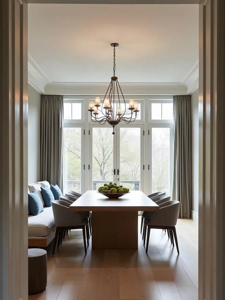 Modern dining space featuring diverse seating and statement lighting