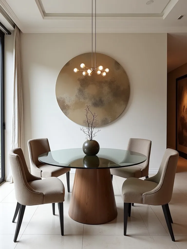 Open concept dining area with round glass table and modern decor