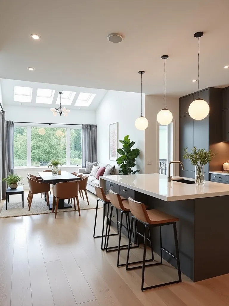 Open plan contemporary dining and kitchen area with island seating