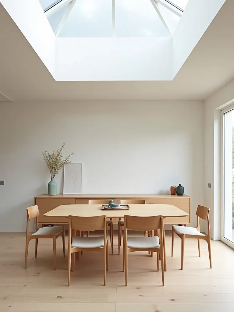 Serene contemporary dining area with simple wooden furniture and skylight