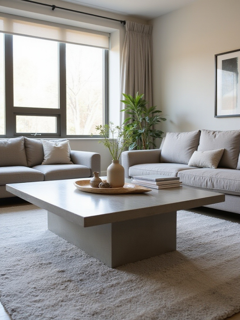 Modern living room with a concrete coffee table styled with books, vase, and tray.