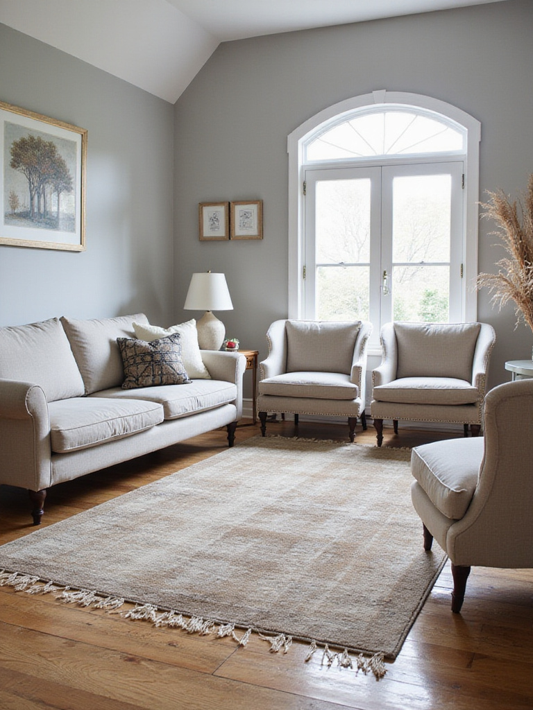 Living room with neutral sofa, armchairs, and a large, anchoring rug in earth tones.