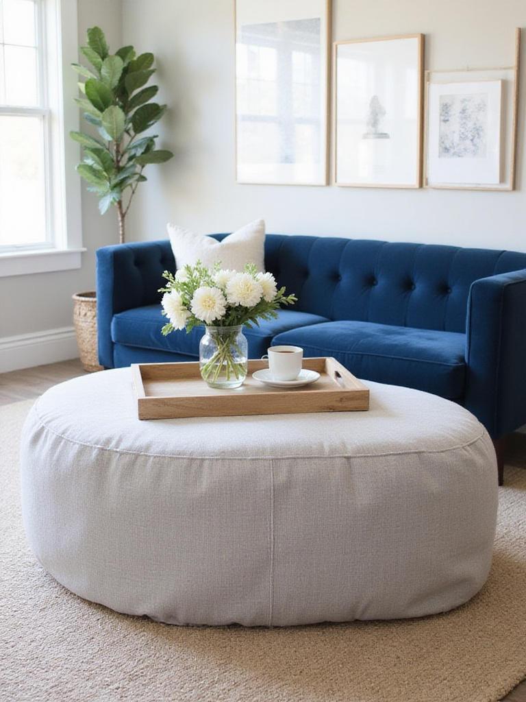 Versatile linen ottoman functioning as a coffee table in a bright living room